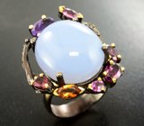 Серебряное кольцо с халцедоном 25+ карат, аметистом, родолитами, цитрином и розовыми турмалинами