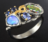 Серебряное кольцо с ограненным черным и дублет опалами, синими сапфирами и танзанитом Серебро 925