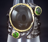 Серебряное кольцо с черной шпинелью и диопсидами Серебро 925