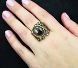 Серебряное кольцо с черной шпинелью и диопсидами Серебро 925