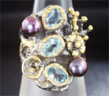 Серебряное кольцо с голубыми топазами и цветным жемчугом