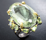 Серебряное кольцо с зеленым аметистом 35+ карат, перидотами и голубыми топазами Серебро 925