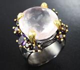 Серебряное кольцо с розовым кварцем 20+ карат, аметистами и родолитами
