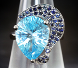 Серебряное кольцо с голубым топазом лазерной огранки 9,61 карата и синими сапфирами Серебро 925