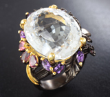 Серебряное кольцо с бесцветным кварцем, аметистами, турмалинами и родолитами Серебро 925