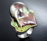 Серебряное кольцо с жемчужиной барокко 47,66 карата, аквамарином и цаворитами Серебро 925
