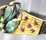 Серебряное кольцо с неоново-зелеными турмалинами и родолитами Серебро 925