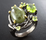Серебряное кольцо с зеленым турмалином и перидотами Серебро 925