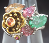 Серебряное кольцо с резными турмалинами, изумрудом и сапфирами Серебро 925