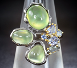 Серебряное кольцо с пренитом 7,32 карата, зеленым турмалином, танзанитами и голубыми сапфирами Серебро 925