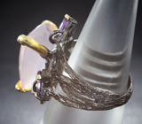 Серебряное кольцо с розовым кварцем и аметистами