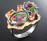 Серебряное кольцо с ограненными черными опалами 3,85 карата и разноцветными сапфирами