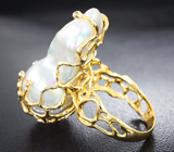 Золотое массивное кольцо с крупной морской жемчужиной барокко 38,94 карата и бриллиантами! Исключительный люстр Золото