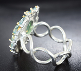 Серебряное кольцо с пренитом и голубыми топазами Серебро 925