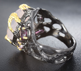 Серебряное кольцо с розовым кварцем, родолитами и розовыми турмалинами Серебро 925