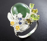 Серебряное кольцо с хризопразом, перидотами, желто-зелеными турмалинами, сапфирами и черными шпинелями Серебро 925