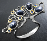 Серебряное кольцо cо звездчатыми и синими сапфирами Серебро 925