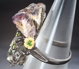 Серебряное кольцо с резным аметрином, зеленым аметистом и диопсидами Серебро 925