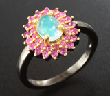 Серебряное кольцо с кристаллическим эфиопским опалом и пурпурными сапфирами Серебро 925