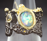 Серебряное кольцо с кристаллическим эфиопским опалом и желтым турмалином Серебро 925