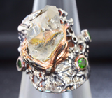 Серебряное кольцо с кристаллом бесцветного кварца и диопсидами Серебро 925