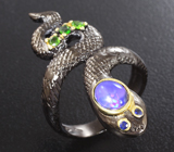 Серебряное кольцо с кристаллическим черным опалом, диопсидами и синими сапфирами Серебро 925