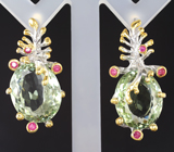 Серебряные серьги с зелеными аметистами и пурпурно-розовыми сапфирами Серебро 925
