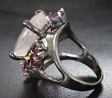 Серебряное кольцо с розовым кварцем, аметистами и родолитами