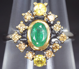 Серебряное кольцо с изумрудом топового цвета и желтыми сапфирами Серебро 925