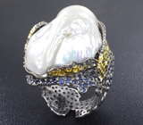 Серебряное кольцо с жемчужиной барокко 37,93 карата и синими сапфирами Серебро 925