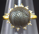 Золотое кольцо с резной жемчужиной 7,35 карата и бриллиантами! Титановый люстр Золото