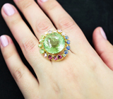 Эксклюзив! Золотое кольцо с крупным ярко-зеленым турмалином, уральскими демантоидами гранатами, синими сапфирами, шпинелями, пурпурно-розовыми турмалинами и бриллиантами Золото