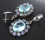 Черненые серебряные серьги с голубыми топазами и синими сапфирами Серебро 925