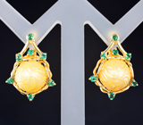 Золотые серьги с редким резным золотистым жемчугом 16,6 карата и уральскими изумрудами Золото