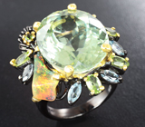 Серебряное кольцо с зеленым аметистом 25+ карат, эфиопским опалом, перидотами, голубыми топазами и диопсидами Серебро 925