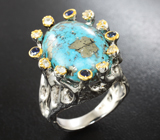 Серебряное кольцо с бирюзой, синими сапфирами и бесцветными топазами Серебро 925