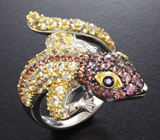 Скульптурное серебряное кольцо «Геккон» с разноцветными сапфирами Серебро 925