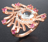 Эффектное серебряное кольцо с аквамарином и розовыми турмалинами Серебро 925