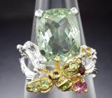 Серебряное кольцо с зеленым аметистом 11+ карат, розовым турмалином, родолитом, цитрином, диопсидом, перидотами и синими сапфирами Серебро 925