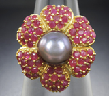 Серебряное кольцо-цветок с цветной жемчужиной и сапфирами Серебро 925