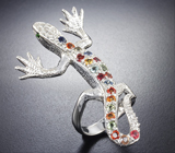 Крупное серебряное кольцо «Ящерка» с разноцветными сапфирами Серебро 925