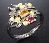 Черненое серебряное кольцо с разноцветными сапфирами Серебро 925