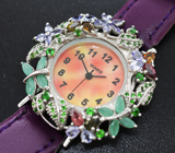 Серебряные часы с танзанитами, изумрудами, разноцветными турмалинами и цаворитами на кожаном браслете Серебро 925