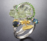 Серебряное кольцо с резным зеленым аметистом, кристаллическими черными опалами и диопсидами Серебро 925
