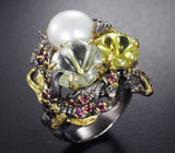 Серебряное кольцо с жемчужиной, зеленым аметистом и лимонным цитрином авторской огранки, родолитами Серебро 925