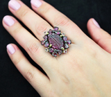 Серебряное кольцо с резным рубеллитом 10+ карат, ограненными розовыми турмалинами и родолитами Серебро 925