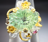Серебряное кольцо с зеленым аметистом авторской огранки 12+ карат и разноцветными турмалинами Серебро 925