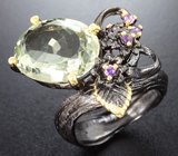 Серебряное кольцо с празиолитом 15+ карат и аметистами