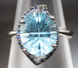 Серебряное кольцо с голубым топазом лазерной огранки 7,02 карата и синими сапфирами Серебро 925