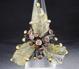 Серебряное кольцо с резным рутиловым кварцем и родолитами Серебро 925